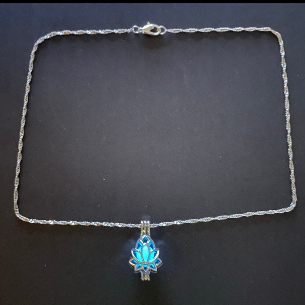 Lotus Caged Blue Glow In The Dark Bead Necklace